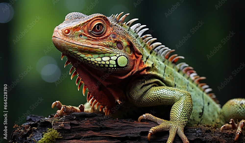 Wall mural A green lizard on top of a log in front of a dark background. Created with Generative Ai technology.