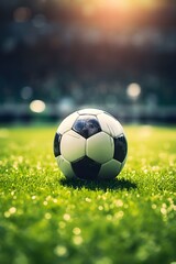 Fototapeta premium The electric atmosphere of a soccer football game in a professional stadium, with athletes showcasing teamwork and thrilling moments, creating a sense of excitement among the crowd on game day.