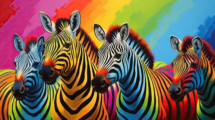  a painting of three zebras in front of a rainbow background.  generative ai
