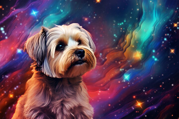 a dog with a background of stars and colorful clouds