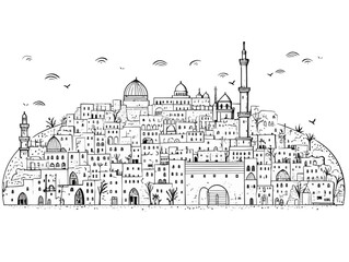 Doodle Jerusalem skyline, cartoon sticker, sketch, vector, Illustration, minimalistic