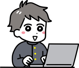 笑顔でパソコンを使う中学生の男の子(上半身・学ラン)