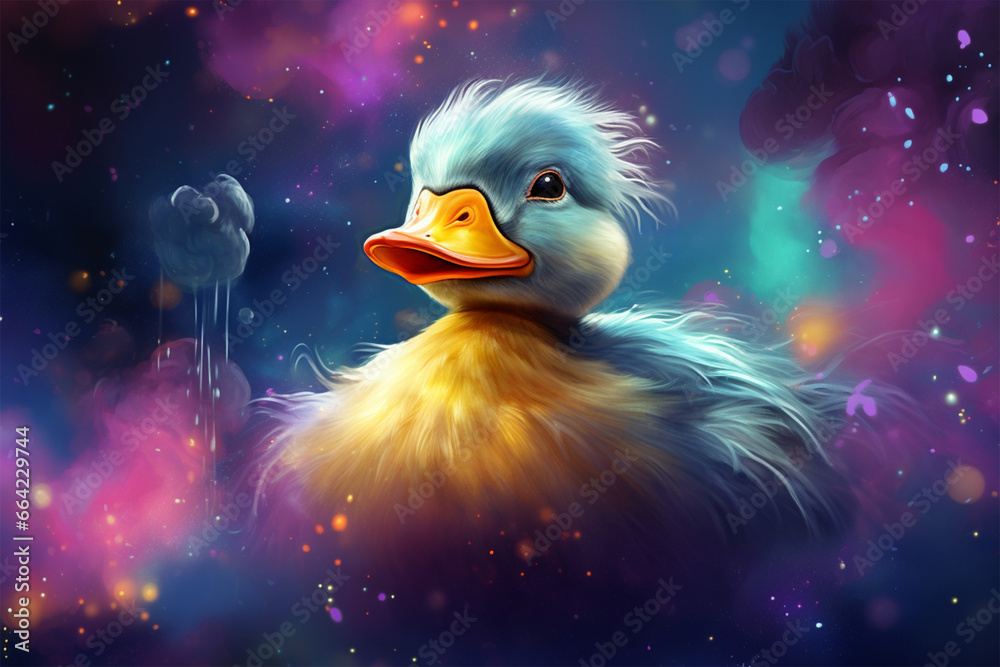 Wall mural a duck with a background of stars and colorful clouds - Wall murals