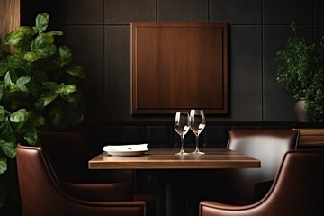 Mockup on a wooden Table in Luxury restaurant, realistic photography style