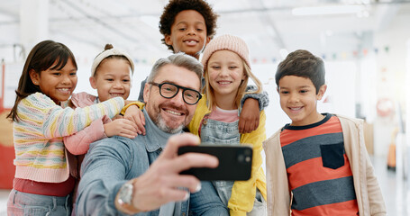 Selfie, children and teacher with smartphone, happy and smile for picture, excited and teacher....