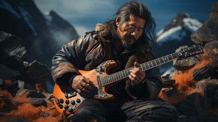 Obraz premium Mongolian plays rock on guitar against the backdrop of the steppe and mountains use traditional music elements from Mongolia