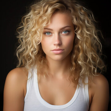 A Portrait of a Young Woman with Curly Blonde Hair Wearing a White Tank Top