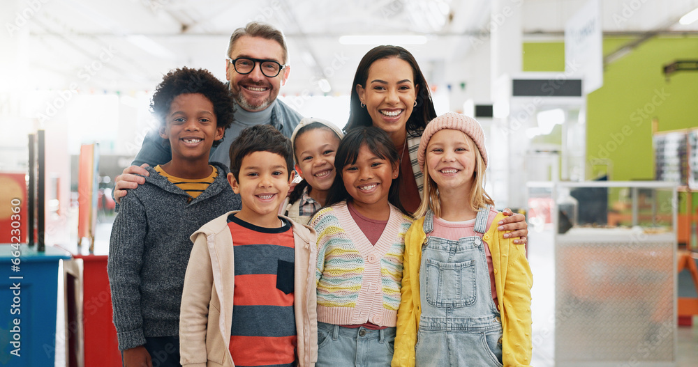 Sticker Science, portrait and group of children with teachers at convention, expo or exhibition with happiness. Man, kids and face with smile at tradeshow or scientific conference for knowledge and education