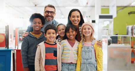 Science, portrait and group of children with teachers at convention, expo or exhibition with...