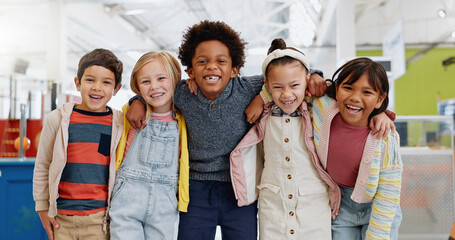 Science, portrait and group of children with happiness at convention, expo or exhibition for...