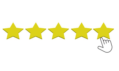 Five star rating vector illustration. Finger clicking on five star rating. 