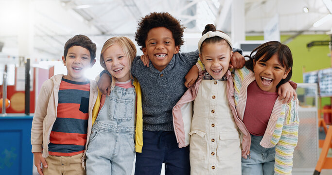 Science, portrait or group of children with smile at convention, expo or exhibition for learning. Kid or face with diversity at tradeshow or scientific conference for knowledge, workshop or education - Powered by Adobe
