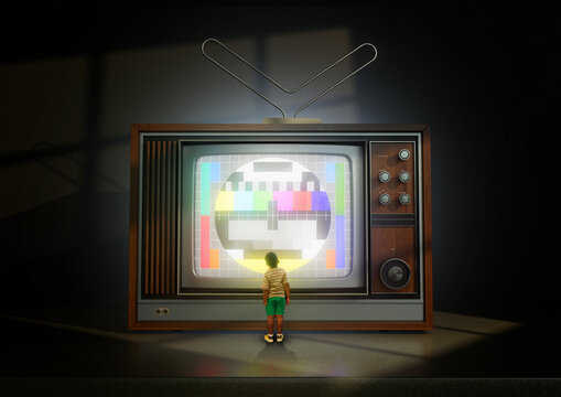 Child And Vintage 80's Television And Test Pattern
