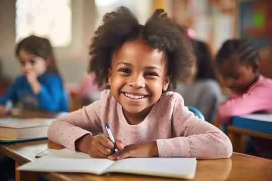 Photorealism of African American student doing exam in classroom at elementary school. Young adorable children sitting on table