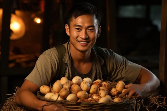 Farmer holds tray of eggs at local farm