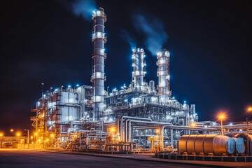 Fototapeta premium The power industry factory at night. Industry pipeline glowing in the dark.