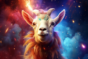 Obraz na płótnie Canvas a goat with a background of stars and colorful clouds