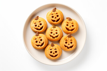 Obraz premium Top Down Photograph, Halloween Jack O' Lantern Cookies Isolated on a White Background, Generative AI