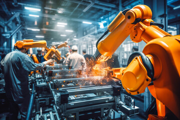 Industrial efficiency. Skilled workers and robotic arms working together in factory. Optimization and machinery.