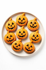 Top Down Photograph, Halloween Jack O' Lantern Cookies Isolated on a White Background, Generative AI