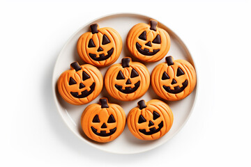 Top Down Photograph, Halloween Jack O' Lantern Cookies Isolated on a White Background, Generative AI