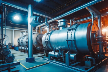 Interior of modern industrial boiler room. Large metal tanks in industrial boiler room