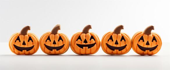 Top Down Photograph, Halloween Jack O' Lantern Cookies Isolated on a White Background, Generative AI