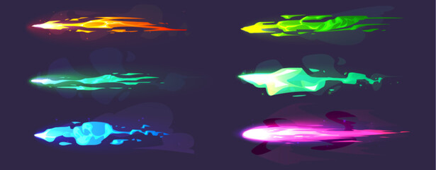 Game handgun or blaster shoot light effect. Cartoon vector illustration set of various vfx laser light and spark glow trail for fantastic weapon explosion. Gun shot flash trace with streak and steam. © klyaksun