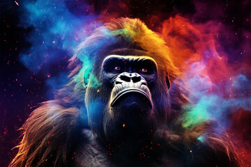 a gorilla with a background of stars and colorful clouds - obrazy, fototapety, plakaty