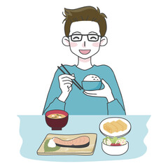 美味しそうにご飯を食べる男性のイラスト01