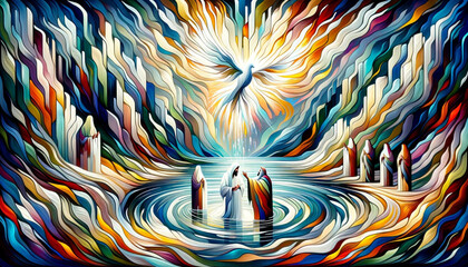 Kaleidoscope of Faith: Jesus Christ's Baptismal Metamorphosis, Guided by the Holy Spirit in the Form of a Dove.