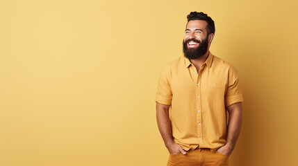 A man with a beard smiling happily on a cream background