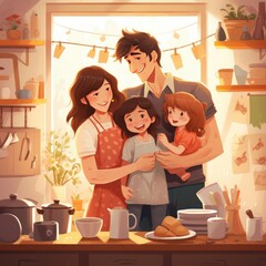 Happy family standing in kitchen and preparing breakfast