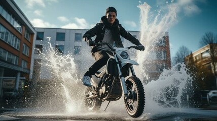 person riding a motorbike through puddle