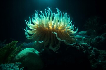 Naklejka na ściany i meble A glowing underwater creature resembling a flower. Generative AI