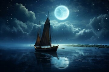 moonlit sailboat on sea. Generative AI