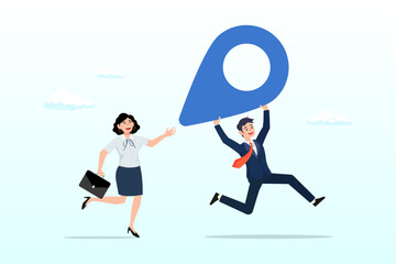 Happy businessman and businesswoman people carry address pin or map mark running to new destination, business relocation moving office to new location address (Vector)
