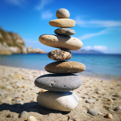 Fototapeta na wymiar A rock balances on top of one on the beach