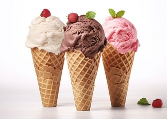 Chocolate, vanilla and strawberry Ice cream in the cone on white background.