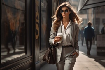 Stylish Woman in Grey Suit Walking Down Busy City Street
