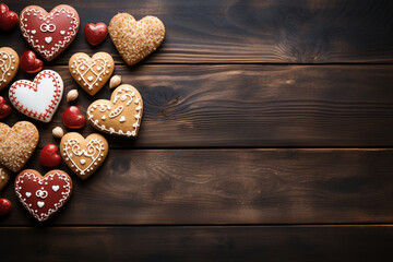 Valentine's Day Heart Cookies on Rustic Table.Created with Generative AI technology.