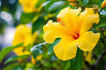 Close up beautiful yellow hibiscus flower. - obrazy, fototapety, plakaty