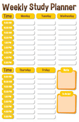 Weekly Study Planner Template with Hourly Schedule - obrazy, fototapety, plakaty