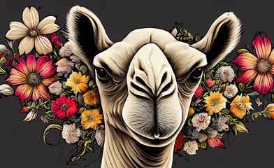 Foto op Plexiglas illustration, graphic, camel head, background flowers and dark background © karolinaklink
