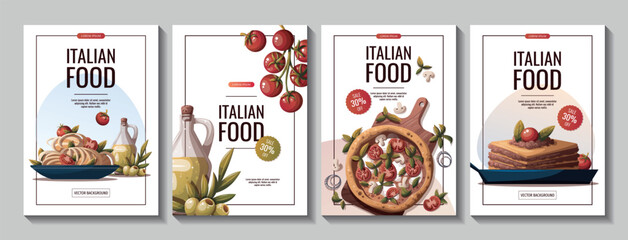 Set of flyers with Italian lasagna, pizza, pasta, bruschetta, olive oil. Italian food, healthy eating, cooking, recipes, restaurant menu concept. Vector illustration for poster, banner, sale, promo.