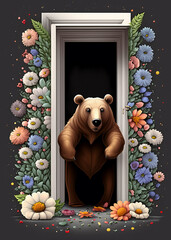 Illustration of a bear in a doorway, with a dark background and flowers, artwork