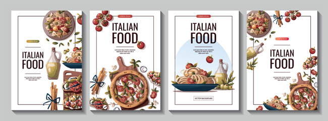 Set of flyers with Italian pizza, pasta, bruschetta, olive oil. Italian food, healthy eating, cooking, recipes, restaurant menu concept. Vector illustration for poster, banner, sale, promo.