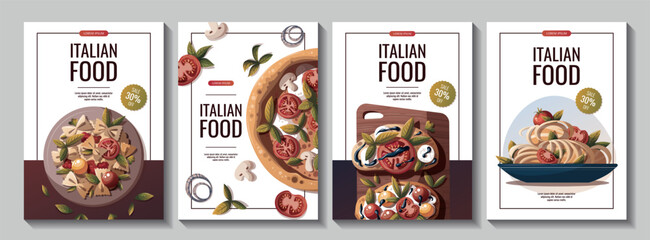 Set of flyers with Italian pizza, pasta, bruschetta. Italian food, healthy eating, cooking, recipes, restaurant menu concept. Vector illustration for sale, promo, poster, banner.