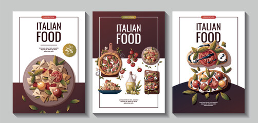 Set of flyers with Italian pizza, pasta, bruschetta, olive oil. Italian food, healthy eating, cooking, recipes, restaurant menu concept. Vector illustration for poster, banner, sale, promo.
