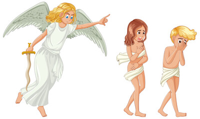 Shameful Banishment: Adam and Eve's Cartoon Exile - obrazy, fototapety, plakaty